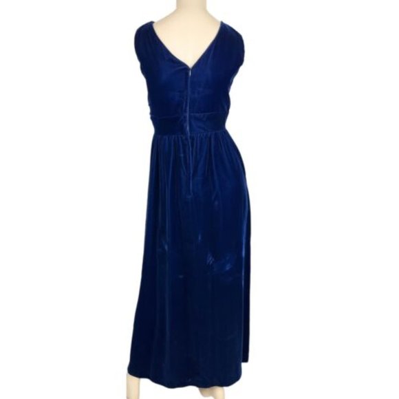Vintage Formal Gown Blue Velvet Bead Rhinestones V Neck Empire Waist Size Small - Picture 2 of 10